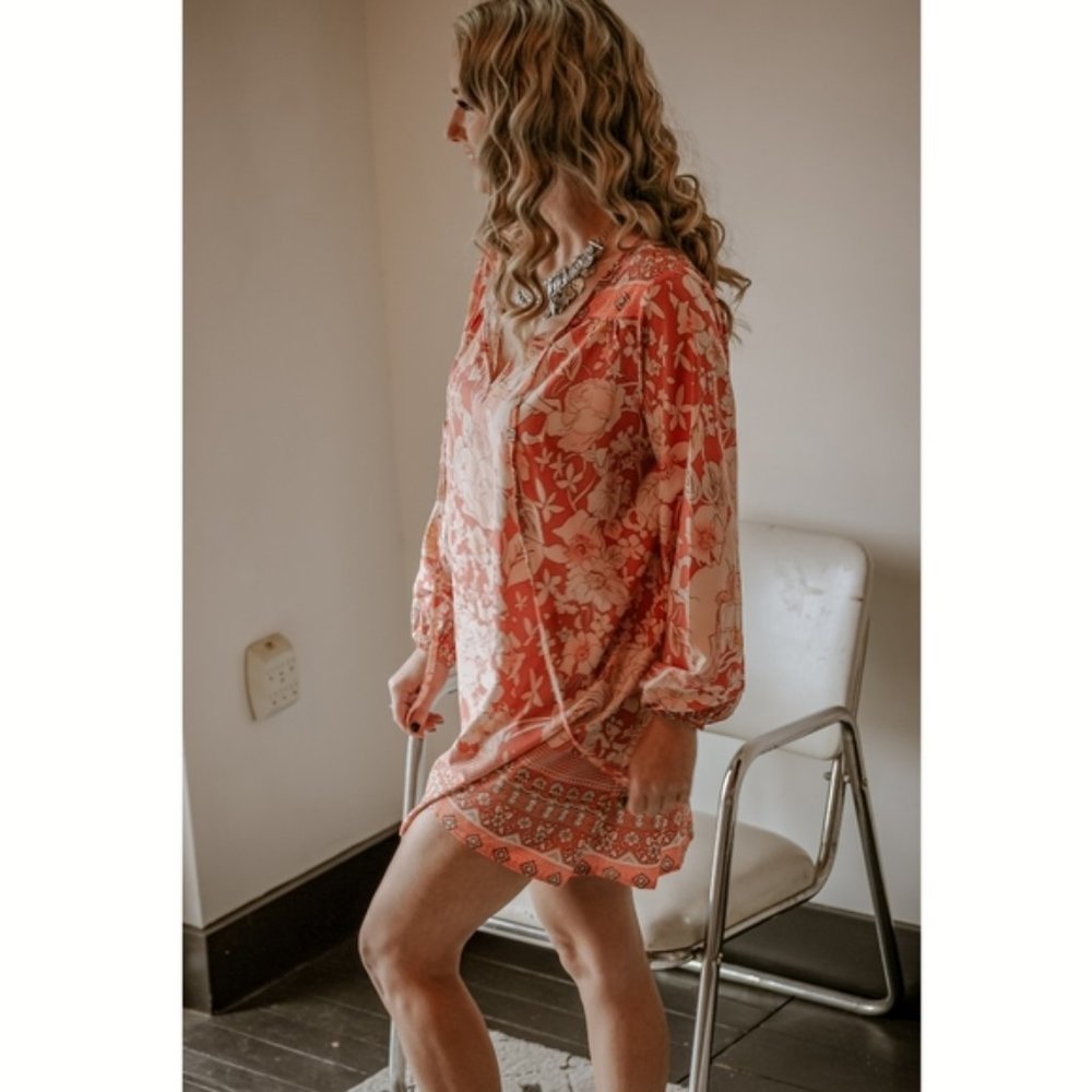 Peach Floral Peasant Dress
